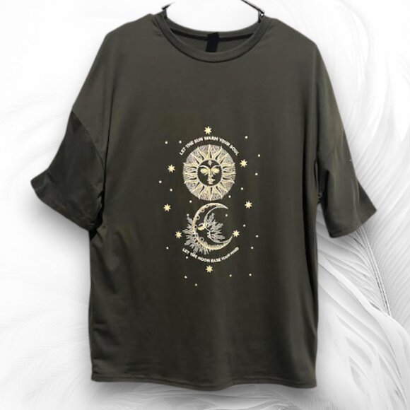 Shein Black Oversized T-Shirt with Sun and Moon Graphic - Picture 1 of 4